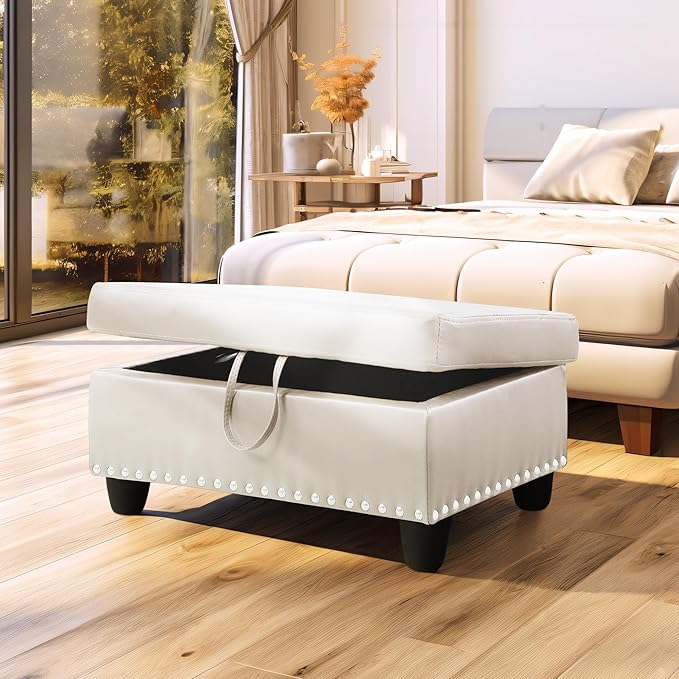 Ottoman Rectangular Storage Ottoman Bench, Faux Leather Footrest, Coffee Table, Stool Footstool with Hinged Lid for Living Room, Bedroom, Entryway, White, 28.5"x19"x17.5"-Ruum Studio Home