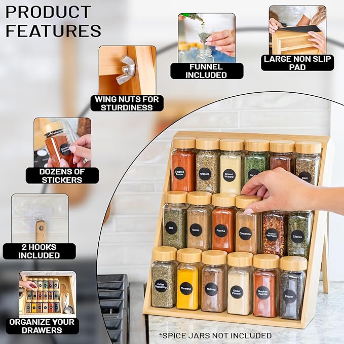 Extra Sturdy 3-Tier Bamboo Spice Rack – 12" W x 10" D x 13" H – Foldable Non-Slip Wooden Spice Organizer for Countertop, Cabinet & Drawer – Includes Labels, Funnel & Hooks – Spice Jars NOT Included-Ruum Studio Home