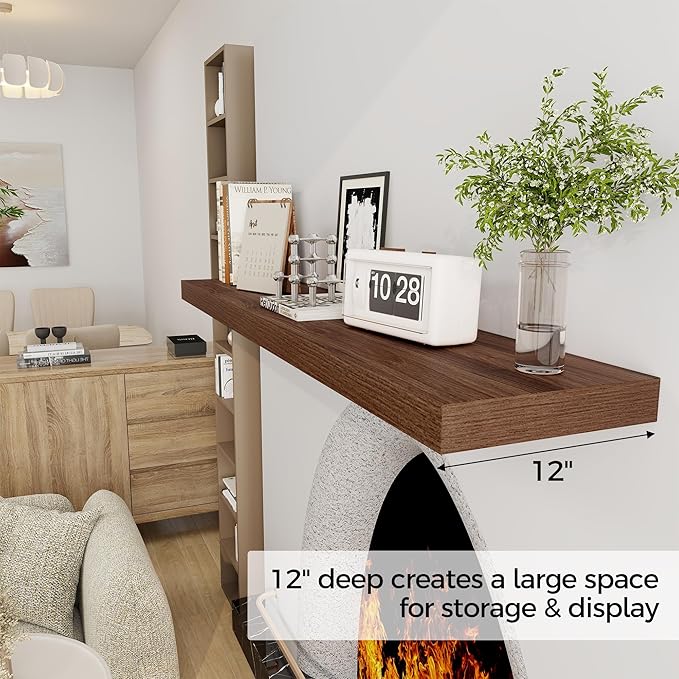 Floating Shelves 55 Inch Long, 12 Inch Deep Floating Shelves for Wall, Rustic Deep Wall Shelf for Fireplace Mantel, 55 x 12 Large Display Shelf for Living Room, Bedroom, Kitchen, Walnut Color, 1 Pack-Ruum Studio Home
