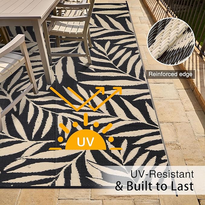 OLANLY Waterproof Outdoor Rug 9x12 ft, Reversible Outdoor Plastic Straw Rug with Leaf Pattern, RV Mat, Indoor Outdoor Carpet for Patio, Camping, Balcony, Deck, Backyard, Black & Beige-Ruum Studio Home