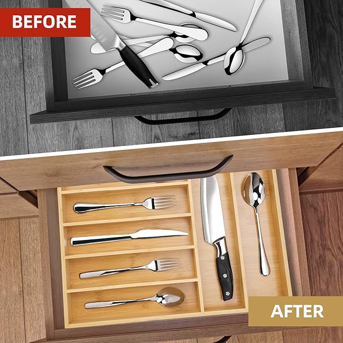 Silverware Organizer Kitchen Drawer Organizer Utensil Organizer Bamboo Silverware Holder Cutlery Organizer in Drawer Flatware Organizer Tray(7 slots, Natural-Ruum Studio Home