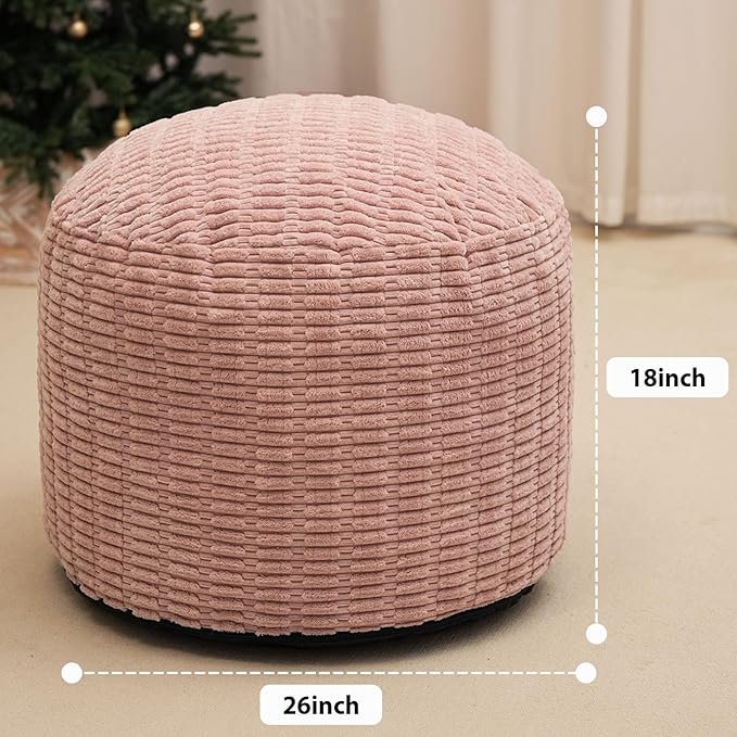 Round Stuffed Pouf Ottoman for Foot Rest, Storage Ottoman Pouf Foot Stool Cushion, Faux Fur Poufs with Foam Chunk Filling, 26 X 18 Inch Floor Chair for Living Room Bedroom Home Decor, Pink-Ruum Studio Home