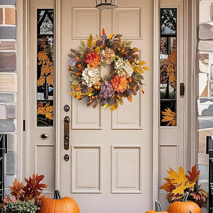 24Inch Fall Wreaths for Front Door,Fall Wreath with Beige Hydrangea,Orange Dahlia Artificial Flowers,Pumpkins,Autumn Wreaths for Harvest Thanksgiving Halloween Indoor Outdoor Home Decor-Ruum Studio Home