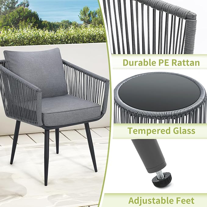 Kromax 3 Pieces Patio Rattan Bistro Conversation Set, Outdoor All-Weather Wicker Furniture Chairs and Side Table Set Ideal for Balcony, Porch and Backyard, Grey-Ruum Studio Home