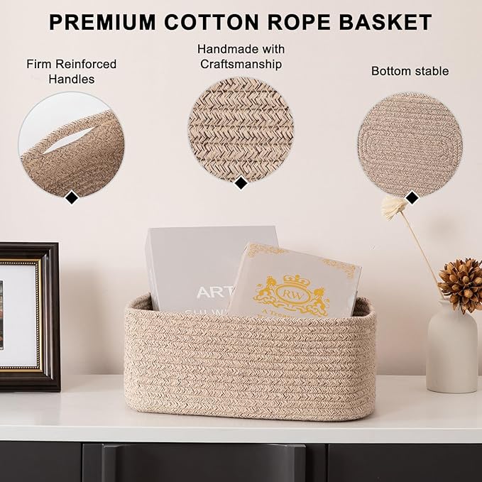4 Pack Small Storage Shelf Baskets for Organizing, Mini Woven Rope Storage Bins for Towels, Cute Decorative Closet Organizer，Baby Nursery, Gift Empty Baskets -13''Lx8.66''Wx5.11''H-Brown-Ruum Studio Home