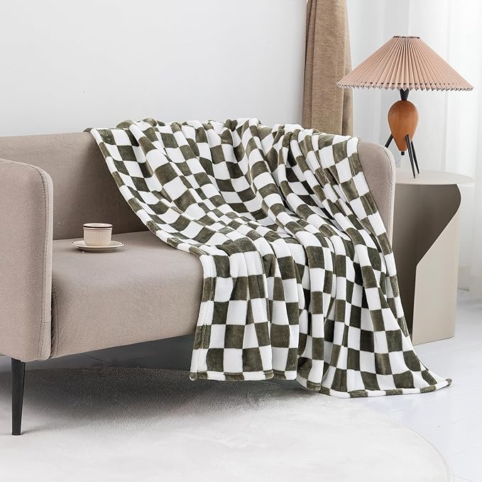 LOMAO Throw Blankets Flannel Blanket with Checkerboard Grid Pattern Soft Throw Blanket for Couch, Bed, Sofa Luxurious Warm and Cozy for All Seasons (Dark Olive, 40"x50")-Ruum Studio Home