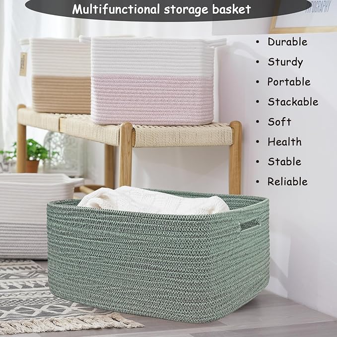 COMFY-HOMI Cotton Rope Woven Basket with Handles for Shelves,Toys,Book, Cloth Storage Baskets for Organizing-17" x 13" x 7.5" Toy Decorative Organizer for Living Room, Bathroom （Green）-Ruum Studio Home