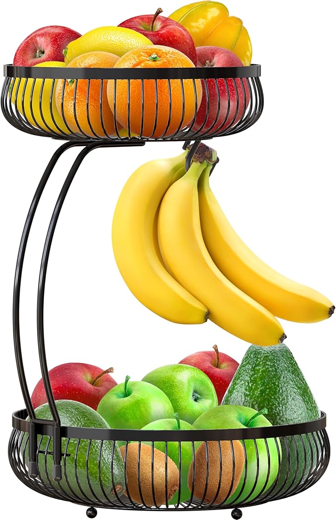 Simple Houseware 2-Tier Countertop Fruit Basket with Banana Hanger, Black-Ruum Studio Home