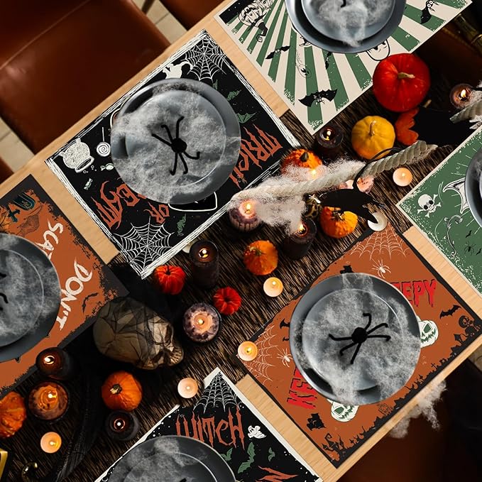 Halloween Placemats Set of 6 Vintage Plastic Table Mats Black Cat Place Mats Washable Ghost Witch Bat Rectangle Skull Table Decoration for Indoor Outdoor Party Kitchen Dining-Ruum Studio Home