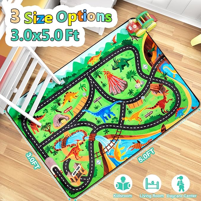 Kids Rug, Car Carpet for Kids' Toy Cars, 3x5 Ft Dinosaur Rug, Dino Safari Road Mat for Playroom, Educational Learning & Game Area Baby Play Mat Carpet for Children-Ruum Studio Home