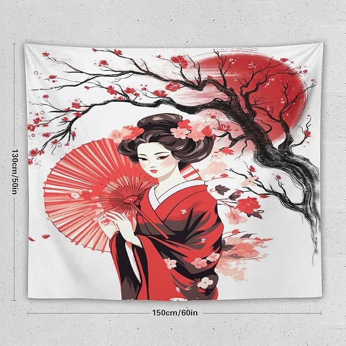 Japanese Red Geisha Tapestry Asian Cherry Blossom Traditional Kimono Folk Tapestries Home Decor for Living Room Bedroom Apartment Farmhouse Dorm 60"x50"-Ruum Studio Home