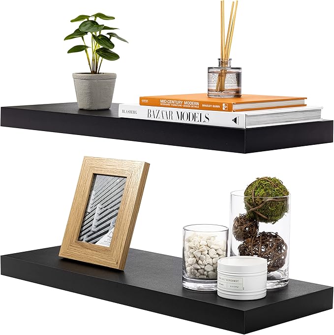 Sorbus Floating Shelves for Wall - 24" Bathroom Shelves, Wall Decor for Bedroom, Kitchen, Living Room, Home Decor & Book Storage - Mounted Floating Shelf with Invisible Brackets (Black, 2 Pack)-Ruum Studio Home