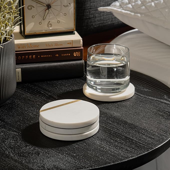 Cork & Mill Marble Coasters Set of 6 - Luxury Aesthetic Modern Decor for Coffee Table- White Marble with Gold Brass Inlay - Real Natural Semi Absorbent Stone Coasters-Ruum Studio Home
