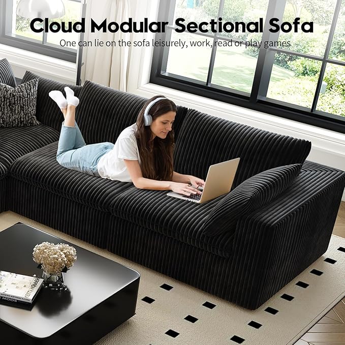LoveSeat Cloud Couch Modular Sectional Sofa for Living Room,Modern Sofa with Deep Seat，2 Seater Boneless Couch with Ottoman,Comfy Upholstered Couches for Apartment, Studio, Office,Bedroom，Black-Ruum Studio Home