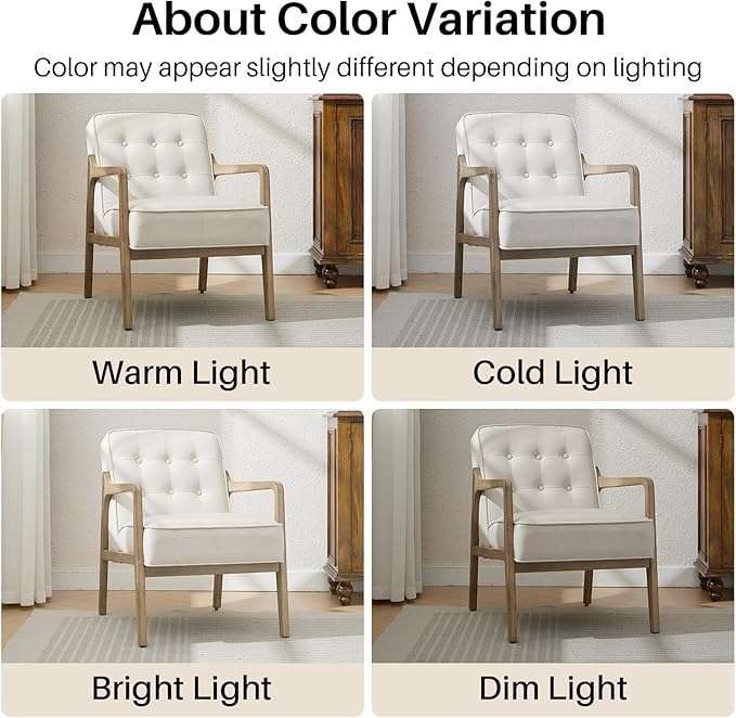 Linen Accent Chair, Mid Century Modern Chair for Living Room, Upholstered Comfy Lounge Armchair with Solid Wood Frame, Reading Side Chair for Bedroom,105°Ergonomic Comfort, White-Ruum Studio Home