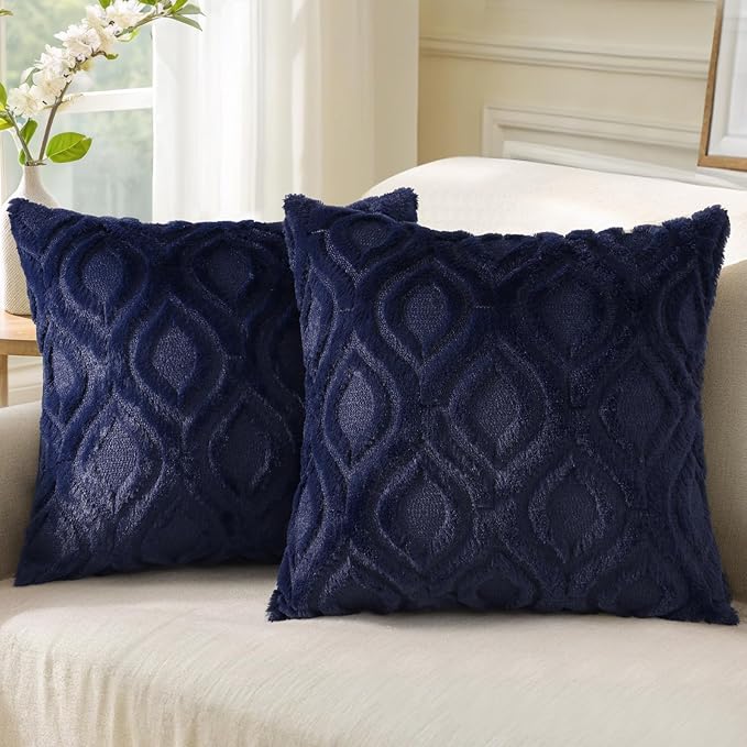 decorUhome Fall Throw Pillow Covers 24x24 Inch Set of 2, Soft Plush Decorative Faux Fur Navy Blue Solid Couch Pillow Covers, Accent Farmhouse Neutral Square Euro Pillow Cases for Sofa Bed Living Room-Ruum Studio Home