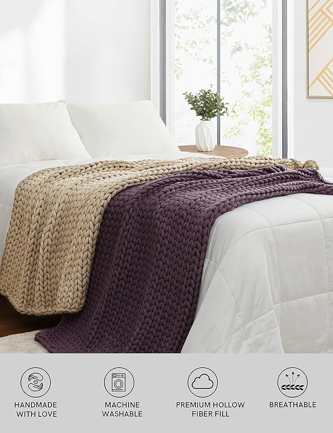 YnM Chunky Throw Blanket, Medium-Weight, Hand Knitted, Skin Friendly, Ventilated and Breathable, Machine Washable, Home Décor Piece for Couch, Sofa and Bed (Beige, 40x50 Inch)-Ruum Studio Home