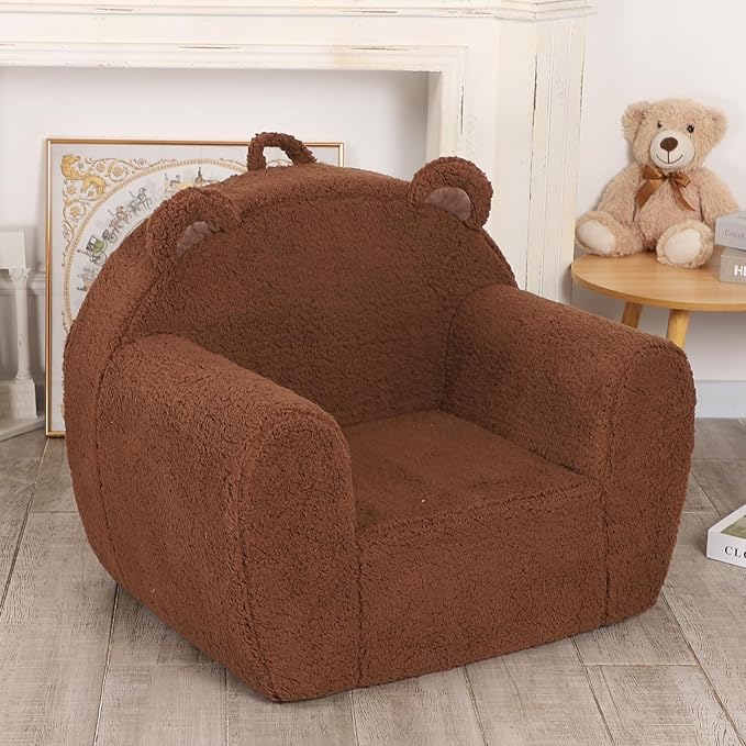Comfy Toddler Chair, Cuddly Sherpa Teddy Bear Kids Sofa, High Back Kids Reading Chair for Boys and Girls, Brown-Ruum Studio Home