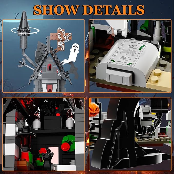 Mini Bricks Haunted Graveyard House Building Set - 1092 PCS Halloween Spooky Construction Toy Kit for Kids & Adults (Not Compatible with )-Ruum Studio Home