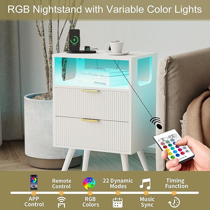 White Nightstand with Charging Station and LED Lights,Modern Bedside Table with 2 Storage Drawer and Open Wood Shelf, for Bedroom and Small Spaces,Night Stand with Solid Wood Legs,White-Ruum Studio Home