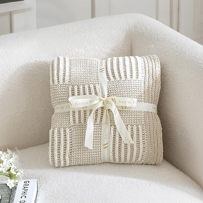 Amélie Home Chenille Knit Throw Blanket for Couch, Checkered Texture Decorative Soft Blanket for Sofa, Bed & Living Room, 50"x60", Khaki & White-Ruum Studio Home