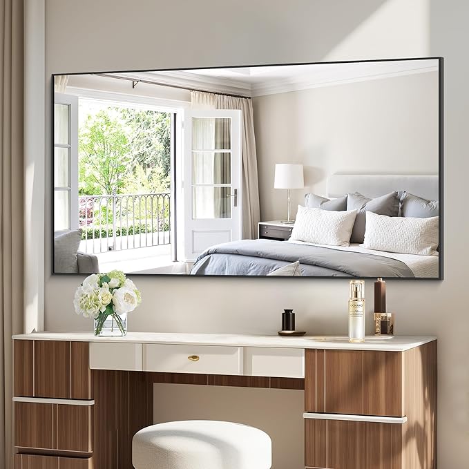 Black Bathroom Mirror for Wall, 60x36 Inch Rectangle Mirrors with Metal Frame, Large Modern Vanity Wall Mirror for Bathroom Living Room, Entryway Hangs Horizontal or Vertical-Ruum Studio Home