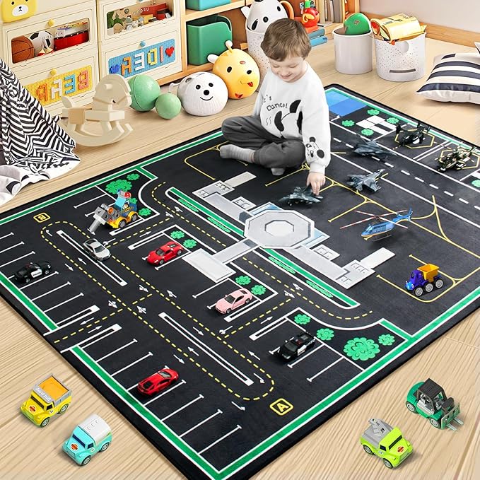 Kids Rug, Road Carpet for Kids with Combined City Road Traffic System, Car Rug and Airport Play Mat, 5x7 Ft Children’s Play Rugs for Playroom, Children’s City Traffic Map Fun Car Mat,Non-Slip-Ruum Studio Home