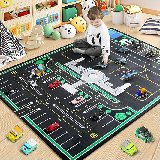 Kids Rug, Road Carpet for Kids with Combined City Road Traffic System, Car Rug and Airport Play Mat, 5x7 Ft Children’s Play Rugs for Playroom, Children’s City Traffic Map Fun Car Mat,Non-Slip-Ruum Studio Home