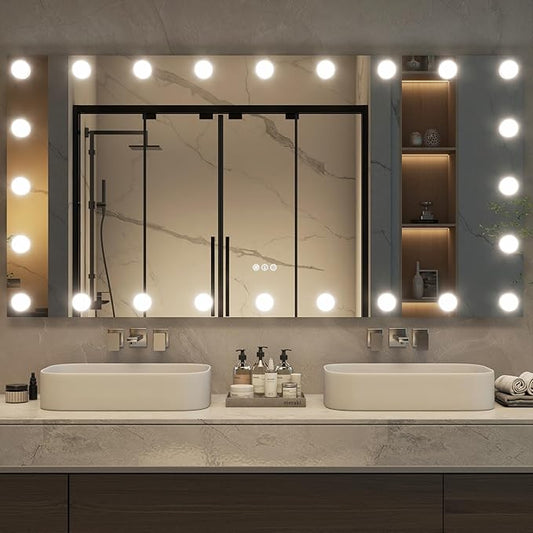 Hasipu LED Bathroom Mirror with Lights, 59" x 30" Hollywood Wall-Mounted Bathroom Mirror with 24 Dimmable Bulbs, 3 Colors Modes, Touch Control, Anti-Fog, Memory Function, Shatter-Proof, ETL Listed-Ruum Studio Home