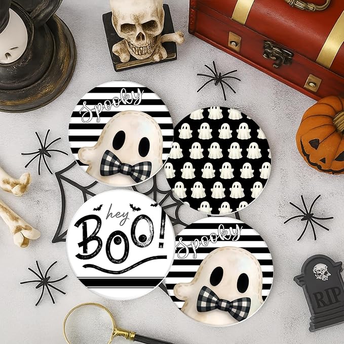 Coaster for Drinks Set of 6, Halloween Hey Boo Cute Ghost Spooky Black White Absorbent Round Ceramic Stone Mat, with Cork Base and Metal Holder, Gift for Housewarming Room Bar Decor-Ruum Studio Home