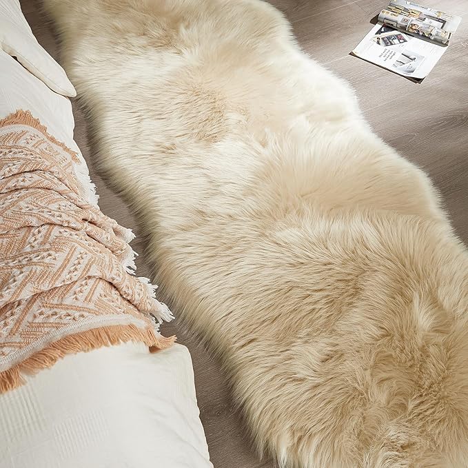 AMTOVO Faux Sheepskin Rug, Beige Ultra Soft Fluffy Shag Area Rug, 2 x 6 ft Faux Fur Rug for Bedroom Sofa Throw Cushion Room Decor, Sheepskin-Ruum Studio Home