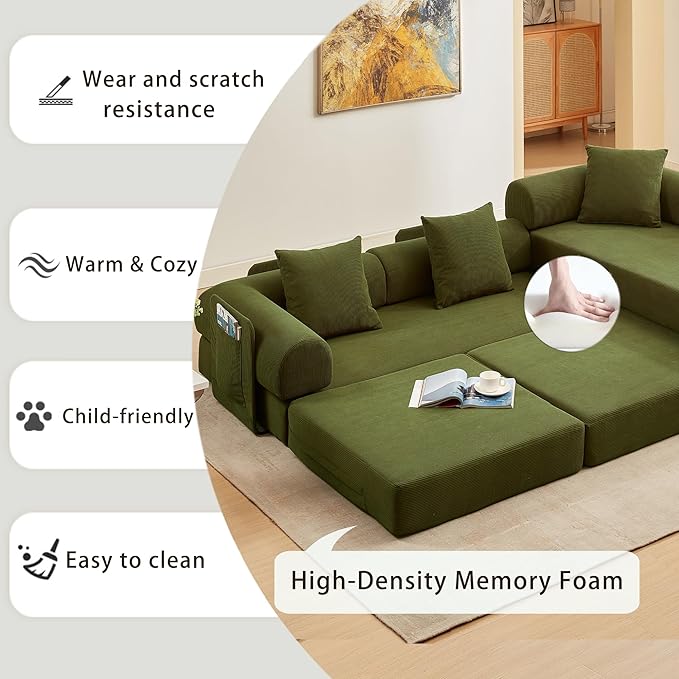 107" Oversized Convertible Sleeper Sofa Bed, Corduroy L Shape Sectional Couch, Folding Sofa Bed with Side Pocket, Modern Cloud Floor Mattress Couch, Modular Sofa for Living Room, Green-Ruum Studio Home