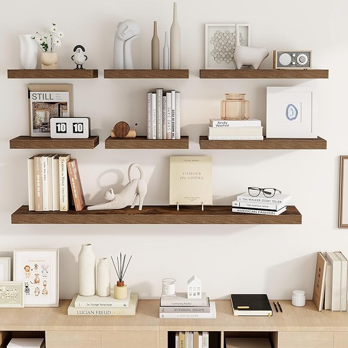 16 Inch Floating Shelves, 16"x9.25"x1.5" Inch Deep Floating Shelves for Wall, Wooden Shelves for Bathroom, Bedroom, Living Room, Brown-Ruum Studio Home