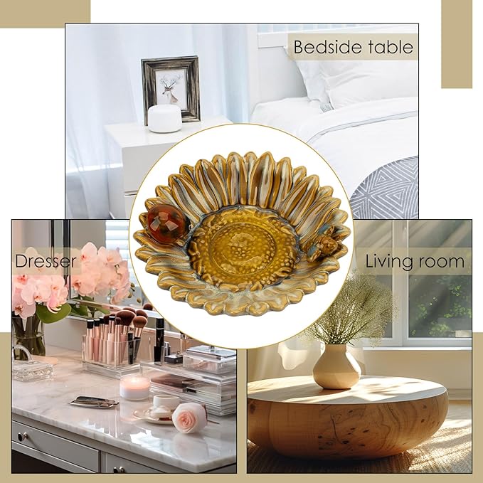 Sunflower Jewelry Dish Trinket Tray Ceramic Key Tray Bowl for Entryway Table, Sunflower Candy Dish Soap Holder Decorative Bowl for Home Decor Kitchen Sink Bathroom Counter (Bee, Ladybug)-Ruum Studio Home