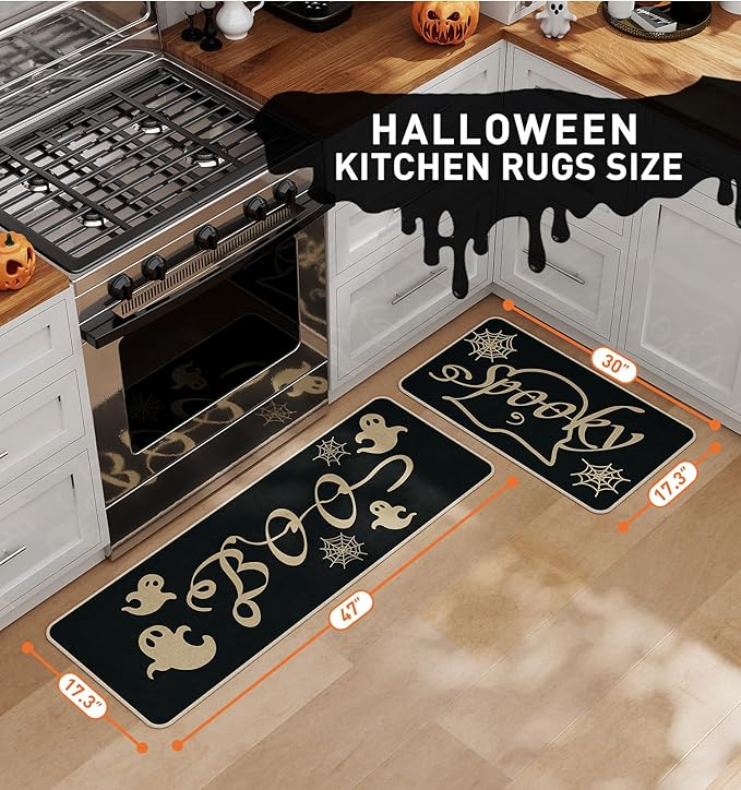 Halloween Kitchen Mat Set of 2, Spooky Spider Web Ghosts Boo Halloween Decor, Halloween Rug for Floor, Indoor Home Decor with Non-Slip Backing,17 x 29 Inch & 17 x 47 Inch-Ruum Studio Home