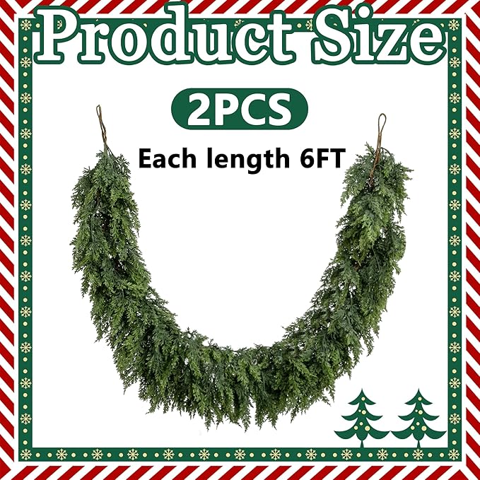 2 Pcs Christmas Norfolk Pine Garlands, 6 Ft Double Color Real Touch Artificial Cedar Garland, Faux Pine Cypress Greenery Garland Ornaments for Mantle Fireplace Table Indoor Outdoor Xmas Decoration-Ruum Studio Home