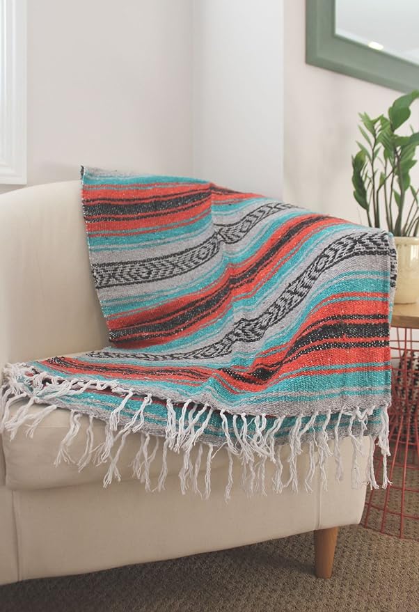 Del Mex Classic Mexican Blanket, Large Authentic Woven Falsa Throw (70"x50"), Artisan Southwest Décor for Beach, Yoga, Outdoors (Mint/Orange/Gray)-Ruum Studio Home
