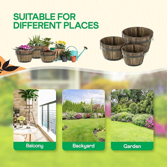 IDZO Set of 3 Wooden Flower Planters for Outdoor Plants, Acacia Wood Barrel Planters, Ergonomic Handles, Drainage Holes, Various Sizes, Walnut-Ruum Studio Home
