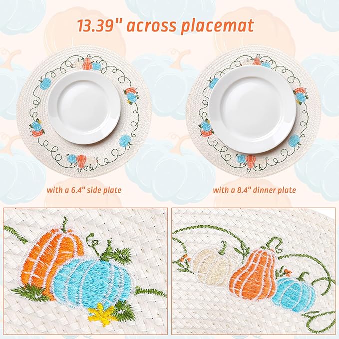 Whaline 4Pcs Round Fall Placemats Pumpkin Embroidered Place Mats Autumn Dinner Table Mats for Home Harvest Thanksgiving Holiday Party Decor-Ruum Studio Home