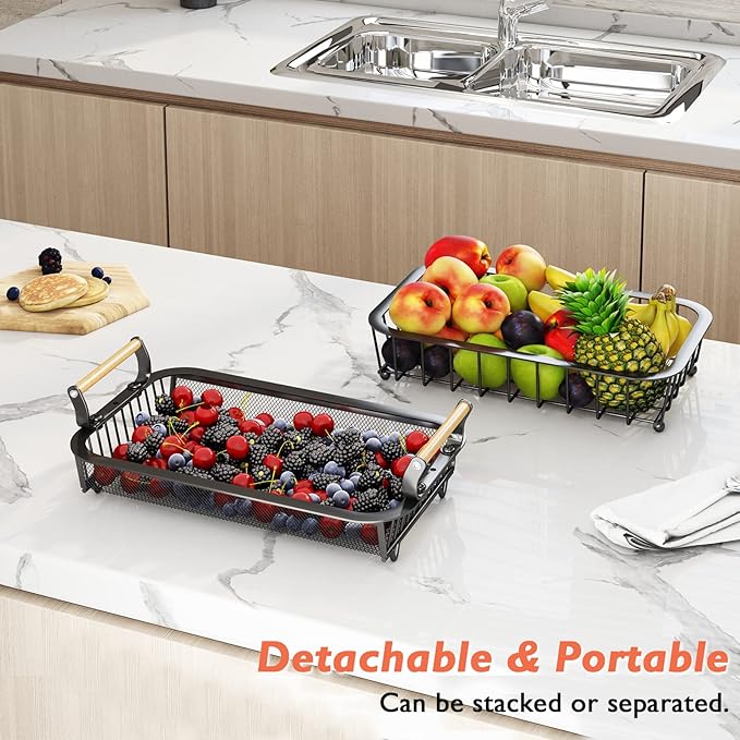 ANTOPY 2 Tier Fruit Basket with 2 Banana Hangers, Countertop Fruit Vegetable Basket Bowl for Kitchen Counter Metal Mesh Basket Fruits Stand Produce Holder Organizer for Onion Potato Bread Snack Veggie-Ruum Studio Home