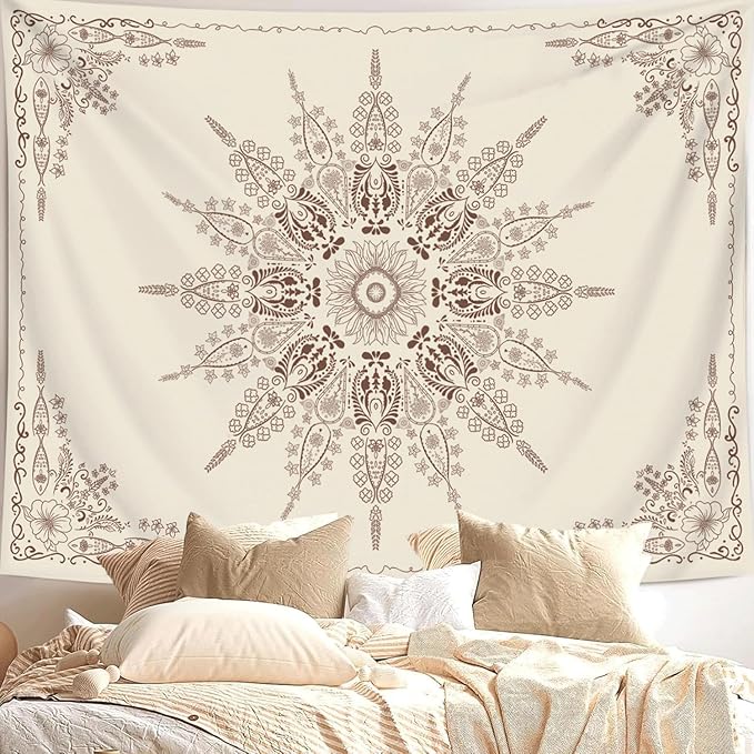 FORATER Floral Bohemian Tapestry, Flower Aesthetic Indian Wall Hanging Boho Tapestries Mandala Room Decor Tapestry for Bedroom Living Room Dorm (Flaxen, 82L x 61W)-Ruum Studio Home