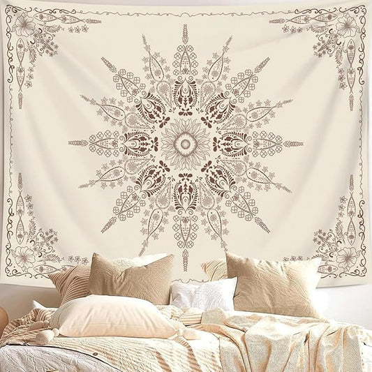 FORATER Floral Bohemian Tapestry, Flower Aesthetic Tapestry Indian Wall Hanging Boho Tapestries Mandala Room Decor for Bedroom Living Room Dorm (Flaxen, 61L x 53W)-Ruum Studio Home