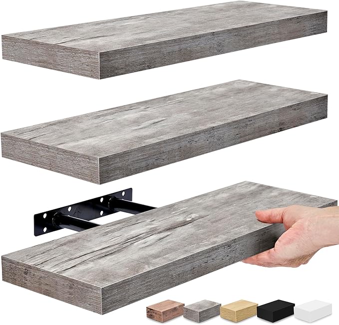 Sorbus Floating Shelves for Wall, Bathroom Shelves Wall Mounted for Kitchen, Bedroom, Bathroom Storage Over Toilet, Hanging Book Shelf for Wall Home Decor Living Room (Gray, 3 Pack)-Ruum Studio Home