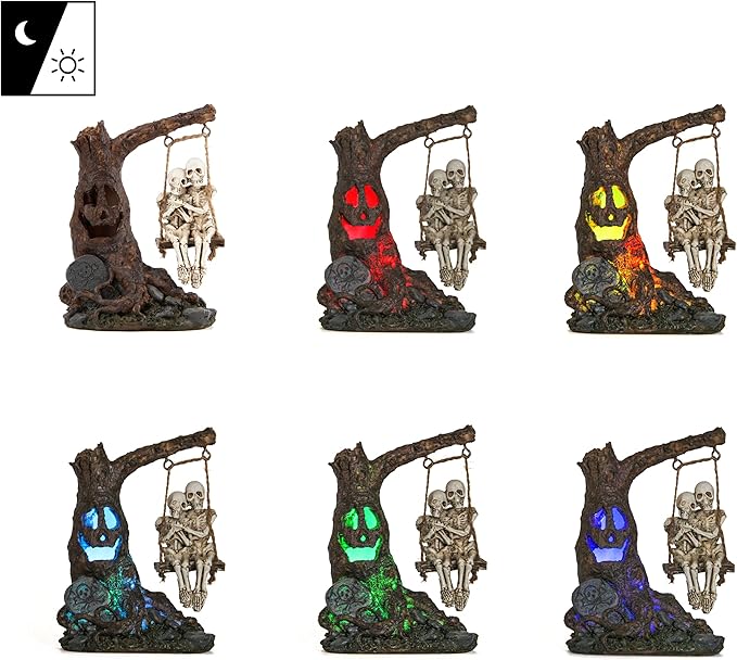 Halloween Skull Statue with Spooky LED Light for Holiday Decorations, Halloween Decor with Romantic Skeleton Couple on Swing Tombstone Tree, Grinning Skull Decor Props Haunted Collectible Gift-Ruum Studio Home