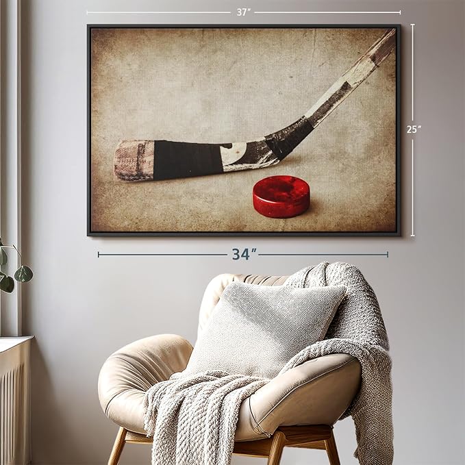 Elephant Stock Vintage Ice Hockey Wall Art - Horizontal Framed Canvas - 1-Piece Hallway Wall Decor - Photography Sports Canvas Print - Brown and Beige Decor for Wall - 37" X 25"-Ruum Studio Home