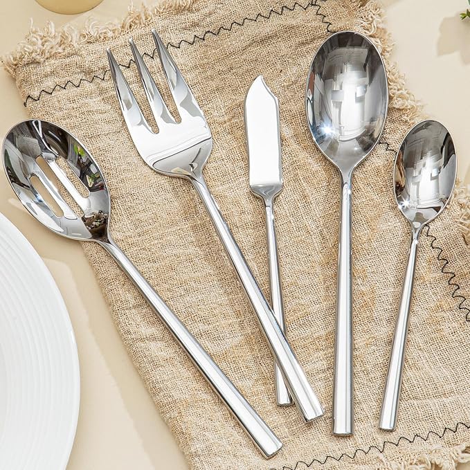 KINGSTONE Silverware Set with Serving Utensils, 45-Piece Forged Flatware Set Cutlery Set Premium Stainless Steel, Service for 8, for Kitchen, Home, Wedding, Party, Mirror Polished and Dishwasher Safe-Ruum Studio Home