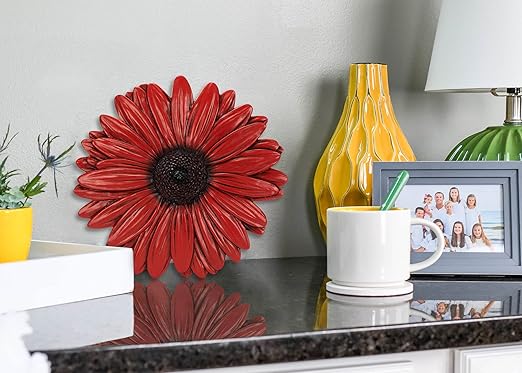 NAT & Jules Gerbera Daisy Flower Shaped Dimensional Indoor Outdoor 12 inch Cast Resin Decorative Garden Stepping Stone, Patio, Walkway Sculpture Yard Art, Red-Ruum Studio Home