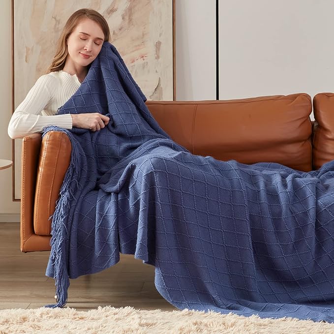 inhand Navy Blue Throw Blanket for Couch and Bed, Soft Living Room Home Decor Knitted Blanket with Tassel, Outdoor Lightweight Breathable Summer Blanket, Farmhouse Warm Woven Decorative, 50"x60"-Ruum Studio Home