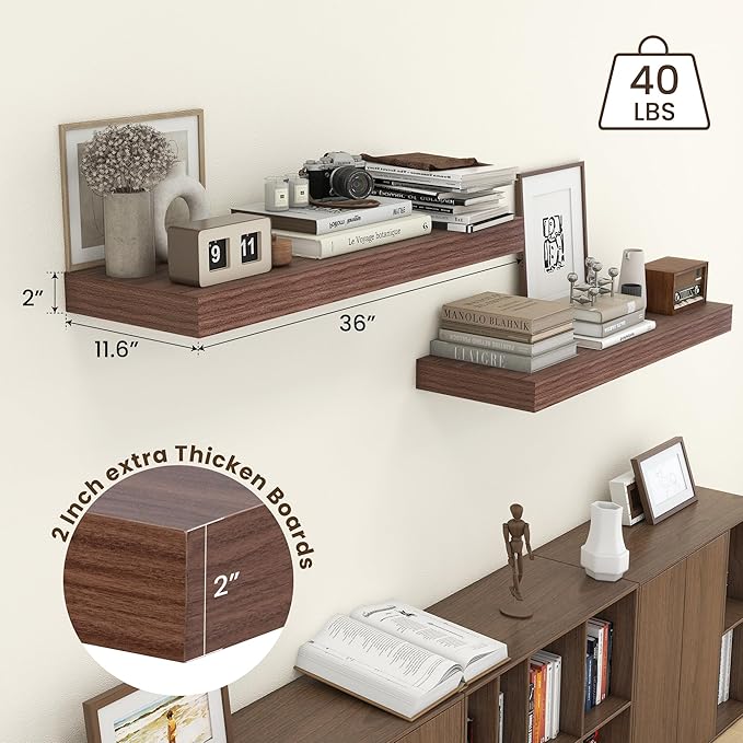 Deep Floating Shelves for Wall, 36'' x 12'' Rustic Large Floating Shelves Set of 2, 12 Inch Deep Walnut Wood Wall Shelves for Living Room Bathroom Laundry Room Bedroom Kitchen Home Office - Walnut-Ruum Studio Home