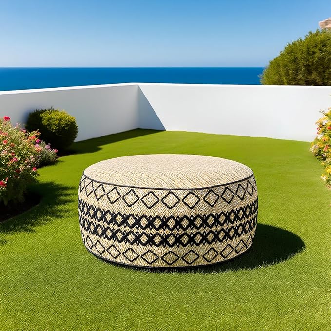 Outdoor Inflatable Ottoman with Air Pump, Embroidery Patio Footrest Stool D21”x H9”, Round Pouf Ottoman with Portable Handle Suitable for Garden, Camping, Bedroom, Living Room-Ruum Studio Home